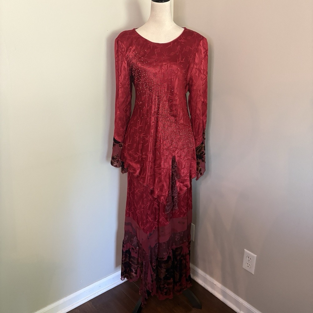 VTG Spencer Alexis 2pc Maxi Skirt Top Set Whimsigoth Velvet Burnout Red Medium M